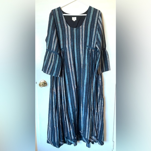 Anokhi blue striped block print bell sleeve maxi dress, 100% cotton size XL - Picture 3 of 11